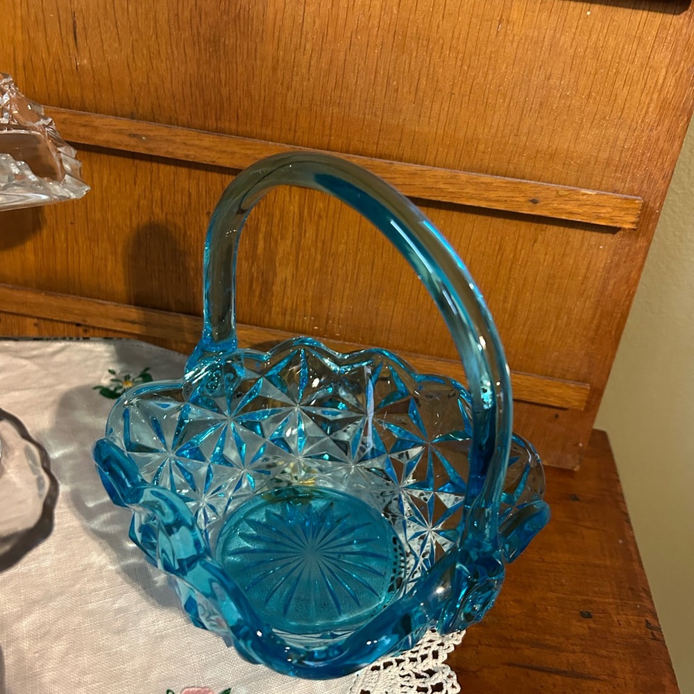 Blue Glass Basket with Decorative Star Pattern